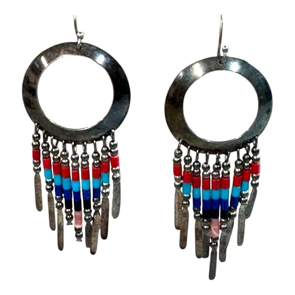 Vtg Sterling Multi Gemstone Southwestern Drop Dangle Earrings Turquoise Coral